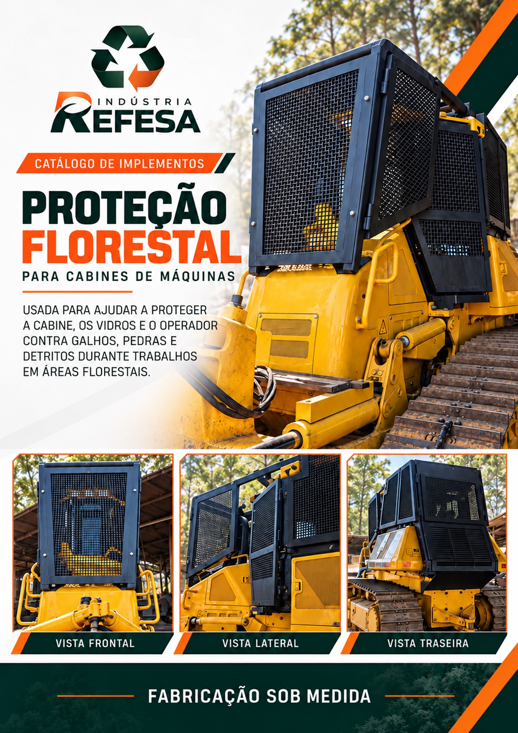Catálogo Refesa — Proteção florestal para cabines de máquinas, com vistas frontal, lateral e traseira